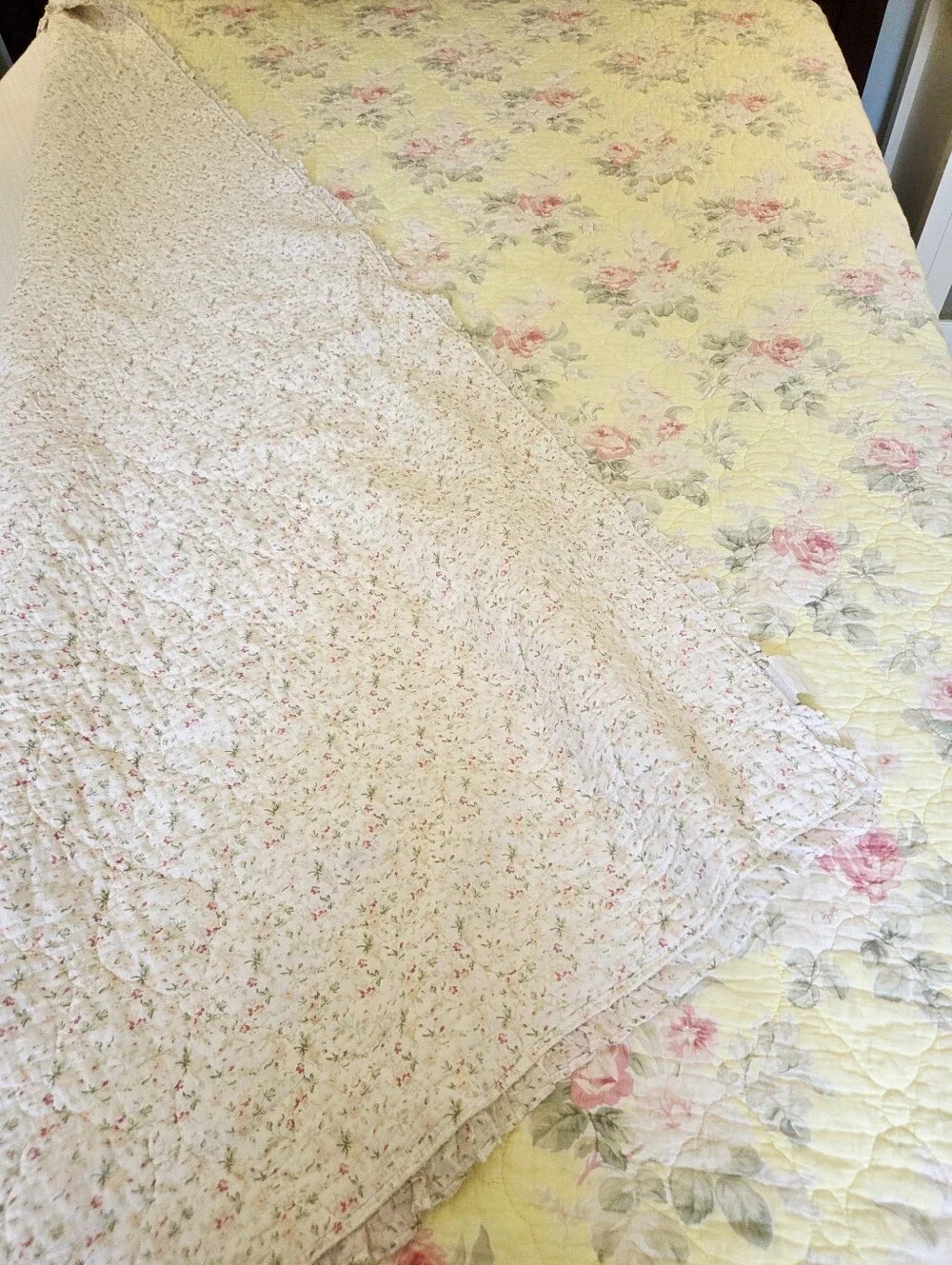 Laura Ashley Vintage Floral Ruffled Quilt and Sham in Lemon Yellow and Pink